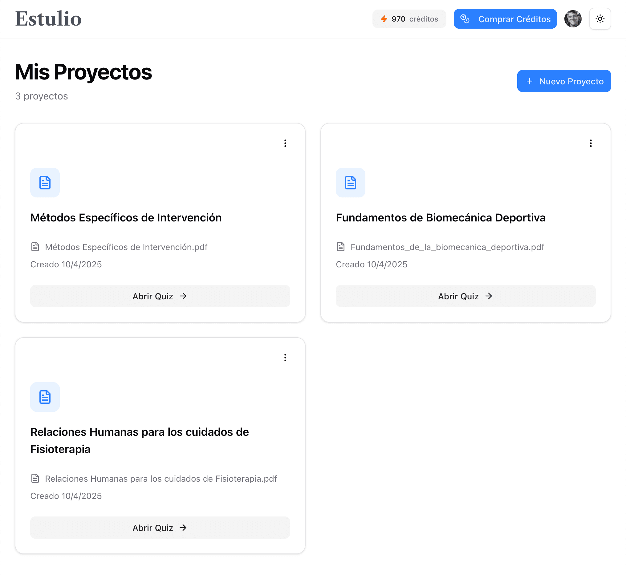 Vista de proyectos de Estulio